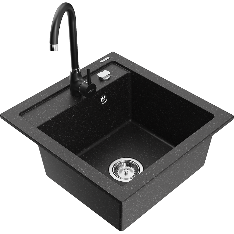 Mexen Vito Granitspüle 1-Kammer mit Küchenarmatur Telma, schwarz/silber metallic - 6503-73-670200-70