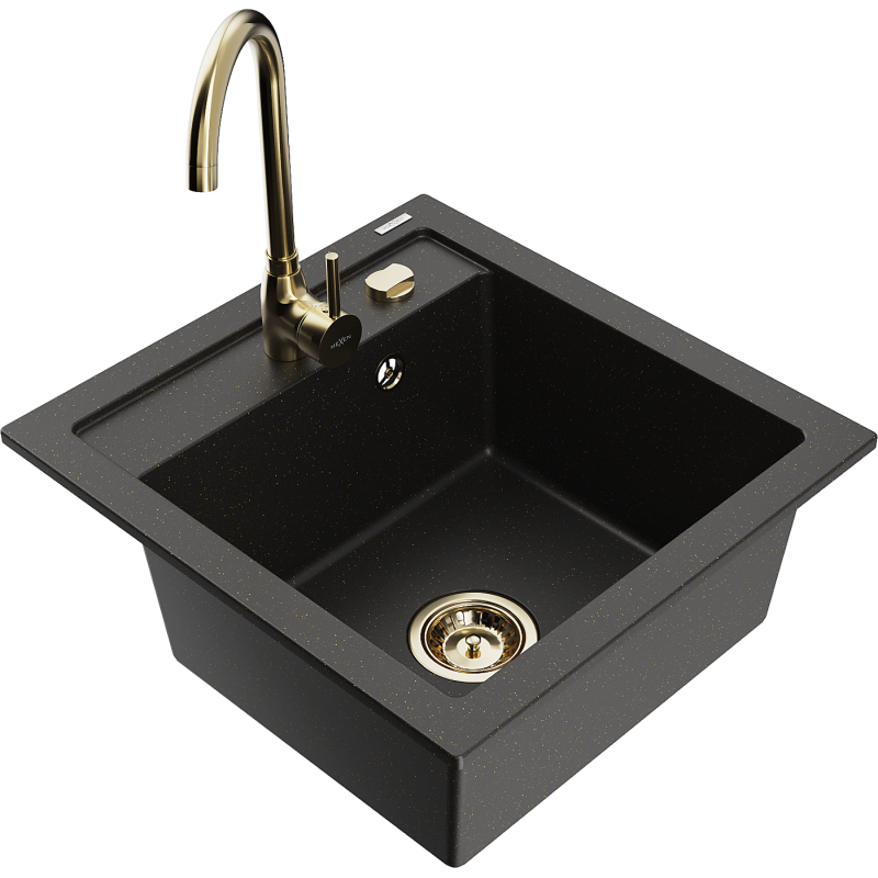 Mexen Vito granitdiskho med 1 facka och köksblandare Telma, svart/guld metallic - 6503-75-670200-50