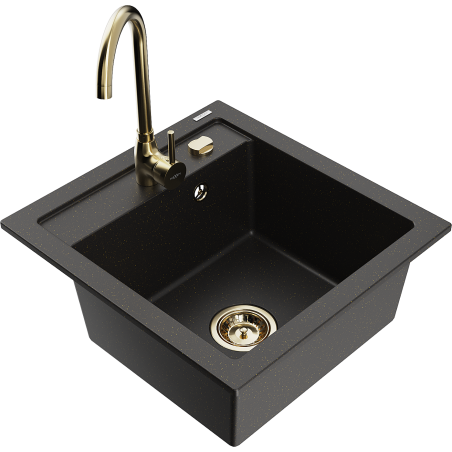 Mexen Vito granitenspouwbak 1-komor zwart/goud metallic met keukenmengkraan Telma - 6503-75-670200-50