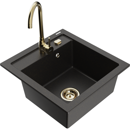Mexen Vito Granitspüle 1-Becken mit Küchenarmatur Telma, schwarz/gold metallic - 6503-75-670200-50