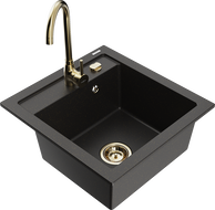 Mexen Vito Granitspüle 1-Becken mit Küchenarmatur Telma, schwarz/gold metallic - 6503-75-670200-50