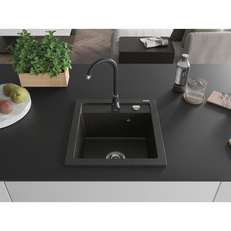 Mexen Vito granite sink single bowl with Telma kitchen faucet, black/gold metallic - 6503-75-670200-70