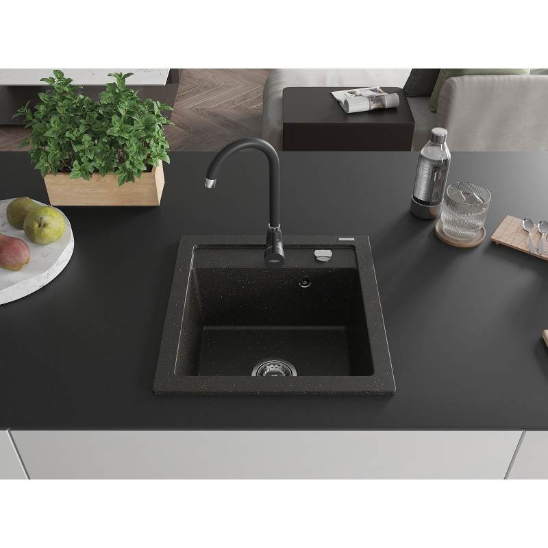 Mexen Vito granitische spoelbak 1-kompromets met keukenkraan Telma, zwart/gouden metallic - 6503-75-670200-70