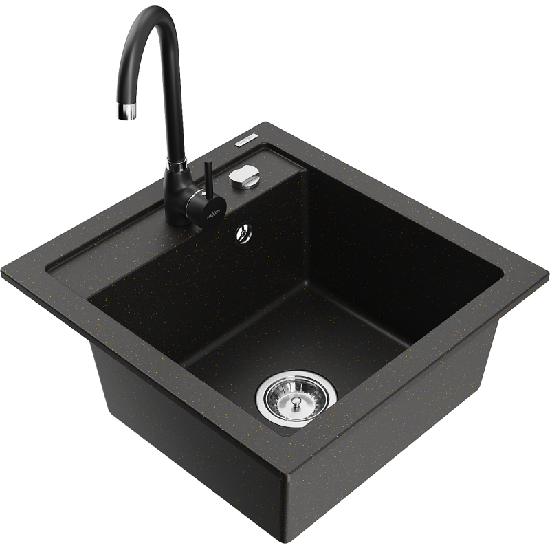 Mexen Vito granitā izlietne ar vienu nodalījumu un virtuves jaucējkrānu Telma, melna/zelta metālika - 6503-75-670200-70