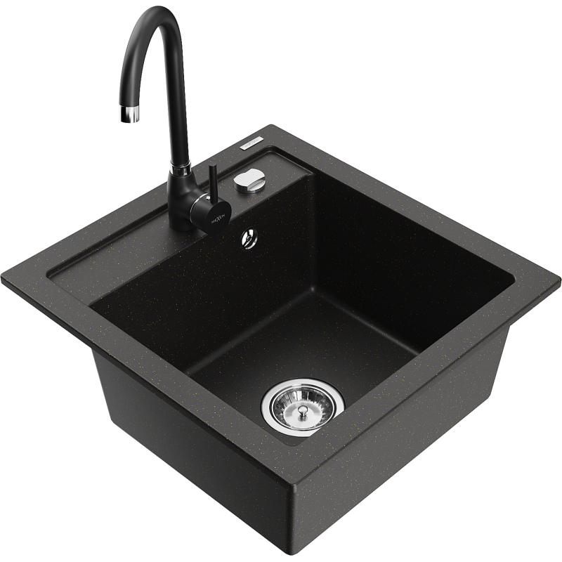 Mexen Vito Granitspüle 1-Becken mit Küchenarmatur Telma, schwarz/gold metallic - 6503-75-670200-70