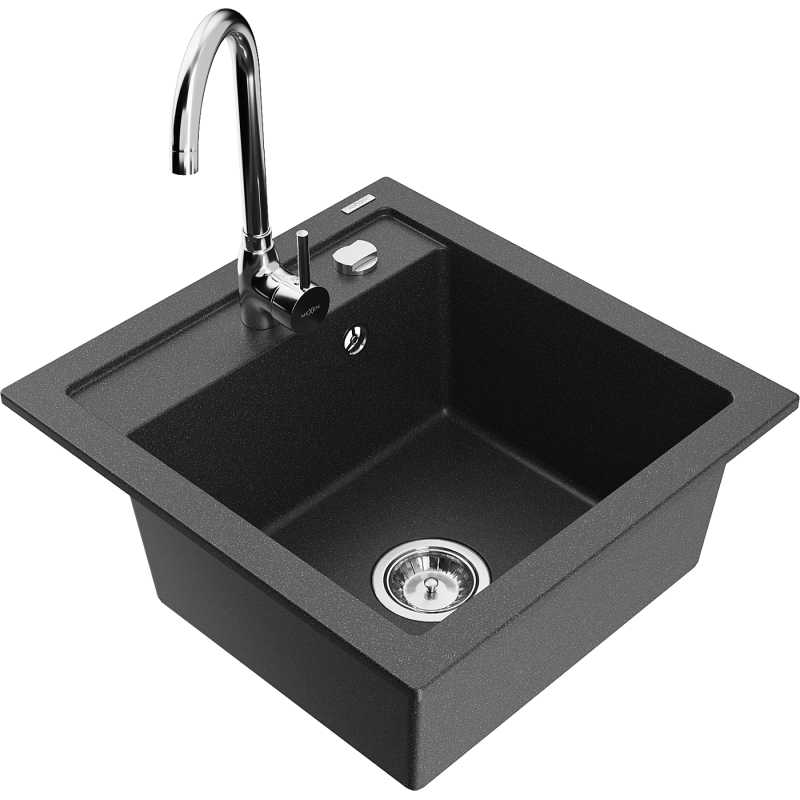Mexen Vito fregadero de granito de 1 cubeta con grifo de cocina Telma, negro moteado - 6503-76-670200-00