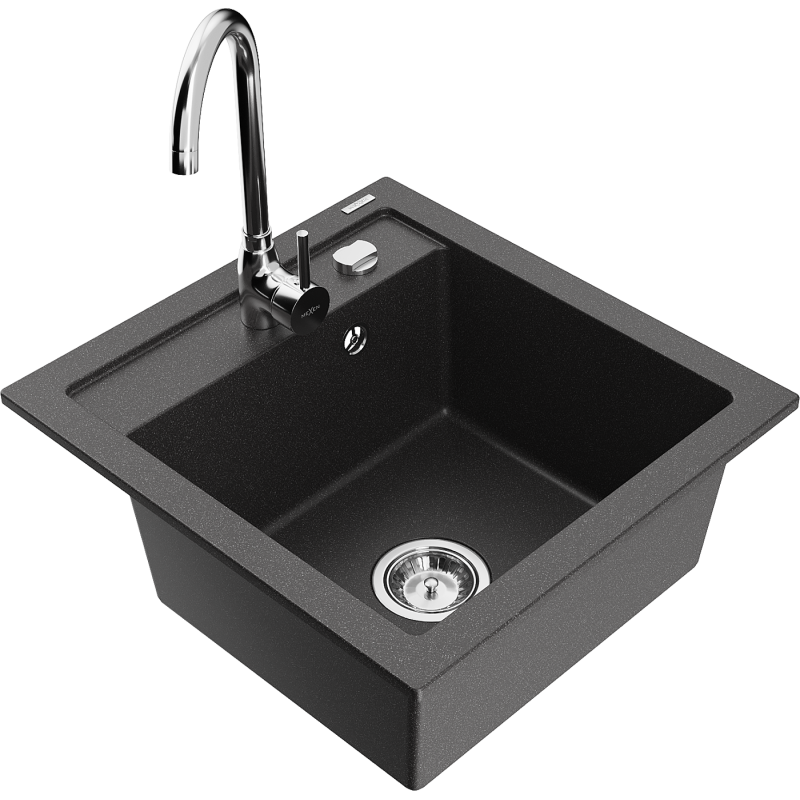 Mexen Vito lava-loiças de granito de 1 bacia com torneira de cozinha Telma, preto salpicado - 6503-76-670200-00