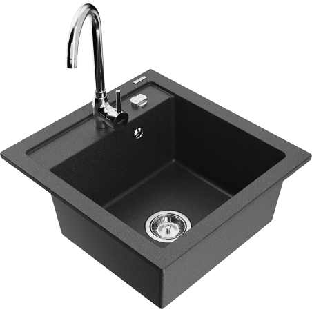Mexen Vito granite sink 1-bowl with Telma kitchen tap, black speckled - 6503-76-670200-00
