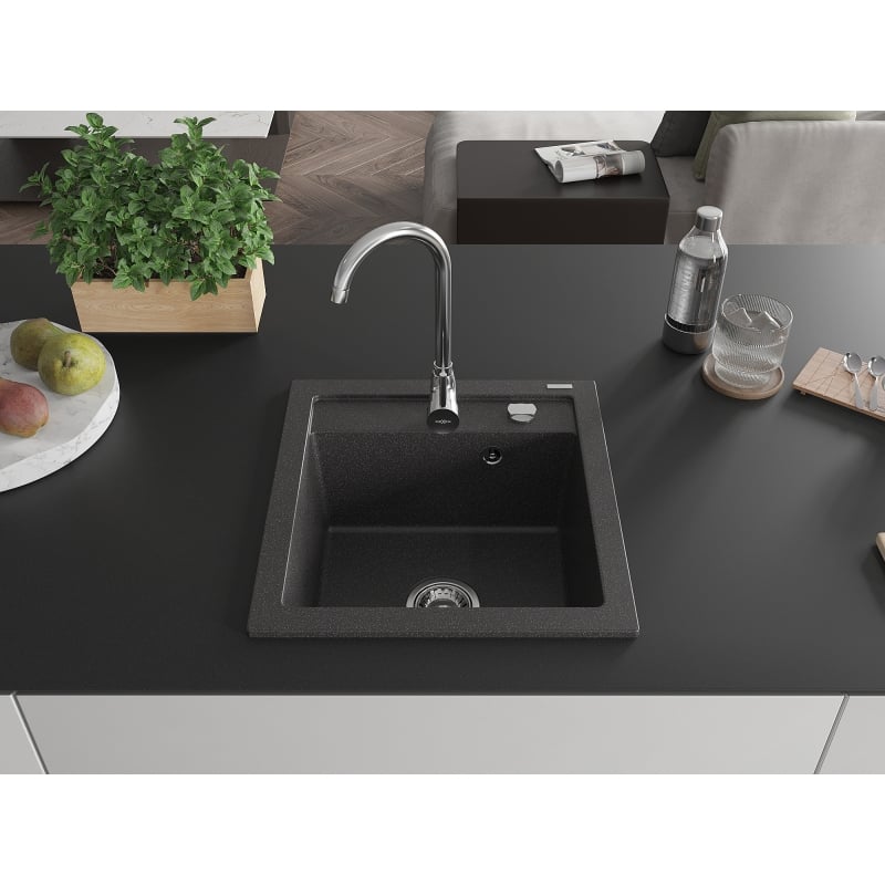 Mexen Vito granite kitchen sink 1-bowl with Telma kitchen faucet, black speckled - 6503-76-670200-00