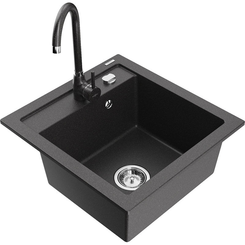 Mexen Vito Granit-Spullsteen mat enger Schoss an enger Kichenkran Telma, schwaarz gesprenkelt - 6503-76-670200-76