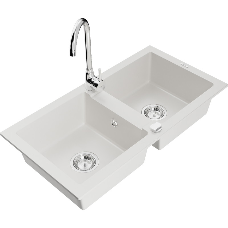 Mexen Mario 2-bowl granite sink with Telma kitchen faucet, white - 6504-20-670200-00