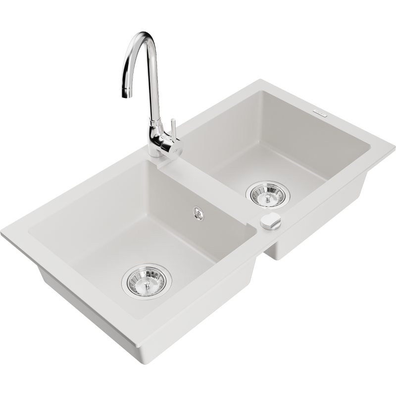 Mexen Mario lava-loiça de granito de 2 cubas com torneira de cozinha Telma, branco - 6504-20-670200-00