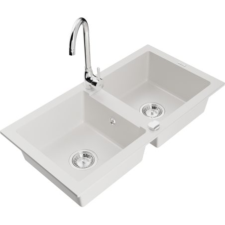 Mexen Mario fregadero de granito de 2 senos con grifo de cocina Telma, blanco - 6504-20-670200-00