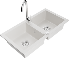 Mexen Mario lava-loiça de granito de 2 cubas com torneira de cozinha Telma, branco - 6504-20-670200-00