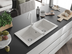 Mexen Mario 2-bowl granite sink with Telma kitchen faucet, white - 6504-20-670200-20