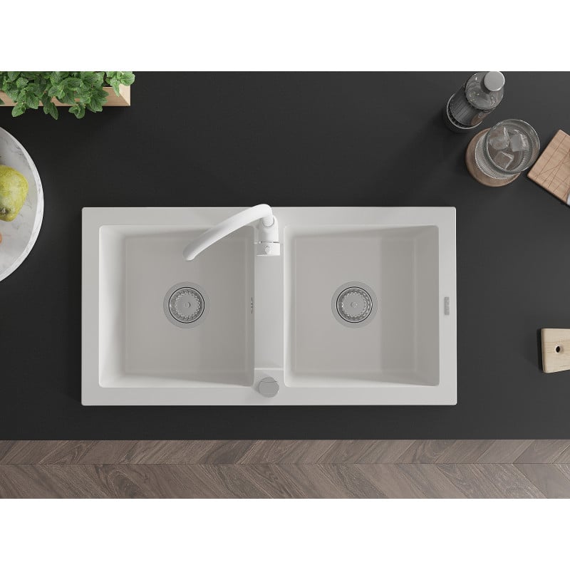 Mexen Mario granite sink 2-chamber with Telma kitchen tap, white - 6504-20-670200-20