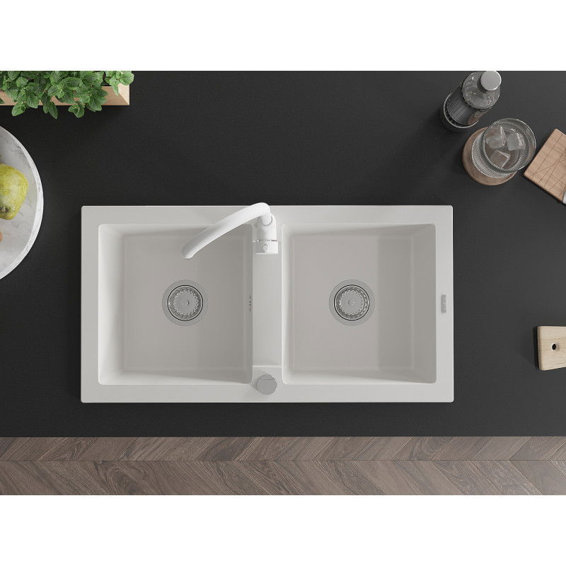 Mexen Mario Granitspüle 2-Kammer mit Küchenarmatur Telma, weiß - 6504-20-670200-20