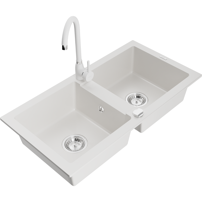 Mexen Mario fregadero de granito de 2 senos con grifo de cocina Telma, blanco - 6504-20-670200-20