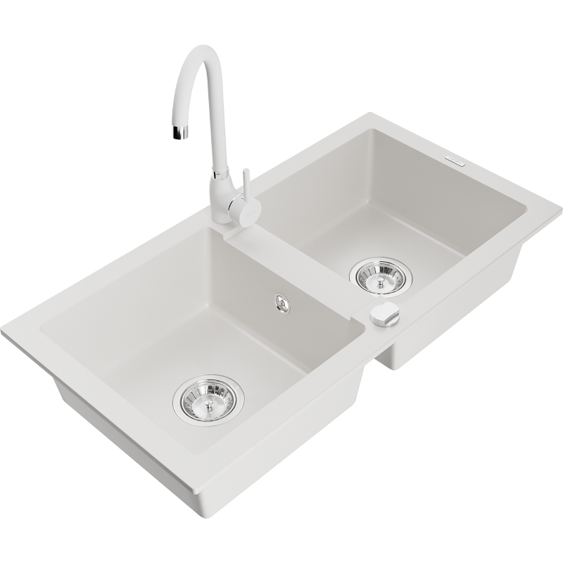 Mexen Mario granitdiskho med 2 fack och Telma köksblandare, vit - 6504-20-670200-20