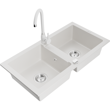 Mexen Mario fregadero de granito de 2 senos con grifo de cocina Telma, blanco - 6504-20-670200-20