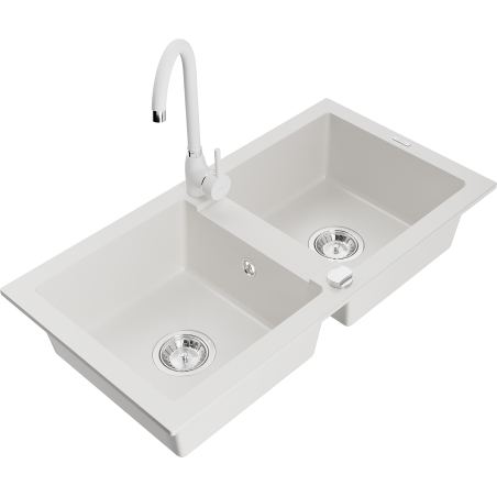 Mexen Mario granitais izlietne ar 2 nodalījumiem un virtuves jaucējkrānu Telma, balts - 6504-20-670200-20