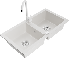 Mexen Mario fregadero de granito de 2 senos con grifo de cocina Telma, blanco - 6504-20-670200-20