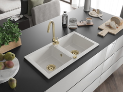 Mexen Mario granite sink 2-bowl with Telma kitchen tap, white - 6504-20-670200-50