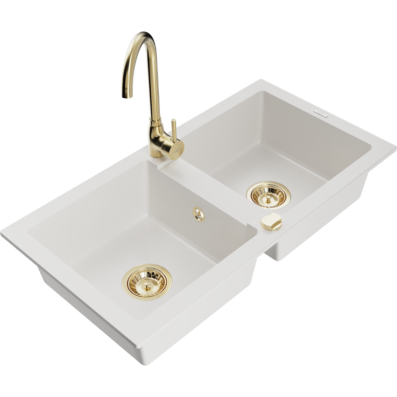 Mexen Mario fregadero de granito de 2 compartimentos con grifo de cocina Telma, blanco - 6504-20-670200-50
