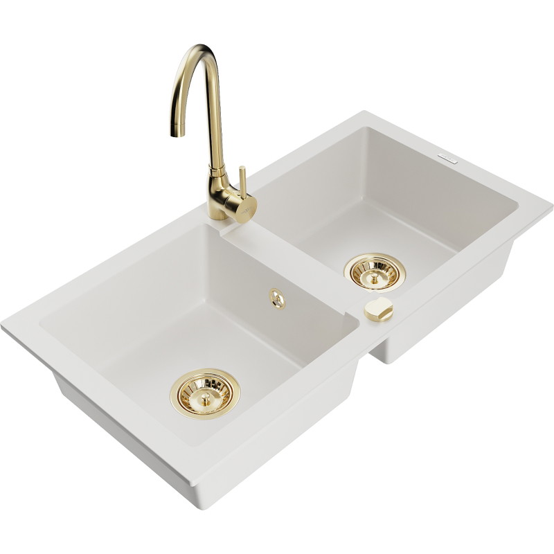 Mexen Mario granite double-bowl sink with Telma kitchen faucet, white - 6504-20-670200-50