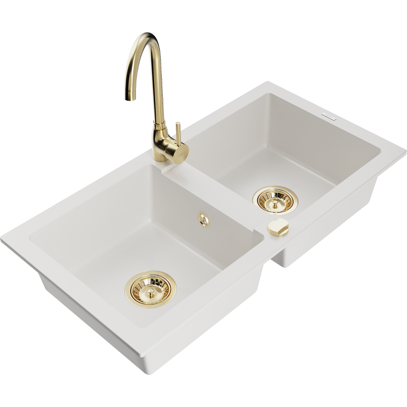 Mexen Mario granittialtaat 2-kammioinen hanalla Telma, valkoinen - 6504-20-670200-50