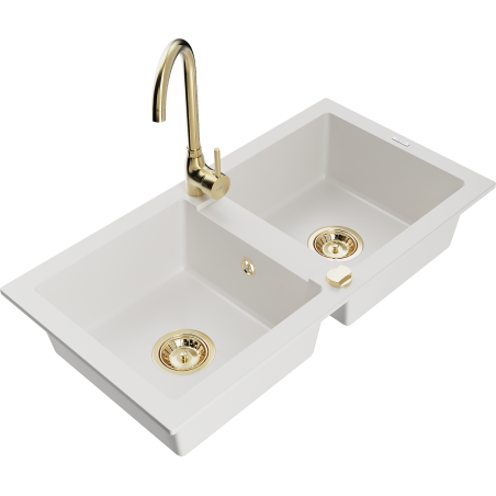 Mexen Mario fregadero de granito de 2 compartimentos con grifo de cocina Telma, blanco - 6504-20-670200-50