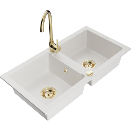 Mexen Mario granitdiskho med två fack och kökskran Telma, vit - 6504-20-670200-50