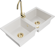 Mexen Mario granite sink 2-bowl with Telma kitchen tap, white - 6504-20-670200-50