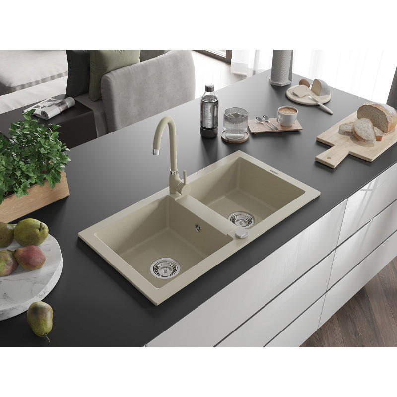Mexen Mario fregadero de granito de 2 compartimientos con grifo de cocina Telma, beige - 6504-69-670200-69