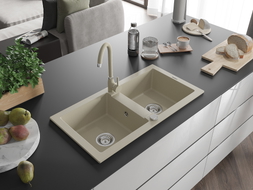 Mexen Mario 2-bowl granite sink with Telma kitchen faucet, beige - 6504-69-670200-69