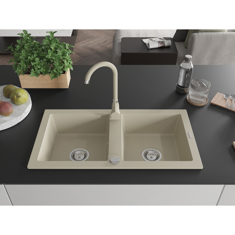 Mexen Mario fregadero de granito de 2 compartimientos con grifo de cocina Telma, beige - 6504-69-670200-69