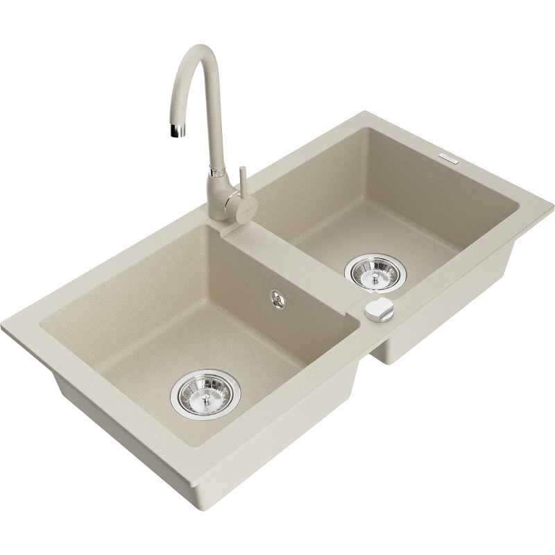 Mexen Mario lavello da cucina in granito a 2 vasche con rubinetto Telma, beige - 6504-69-670200-69