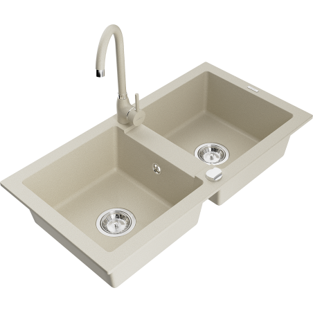 Mexen Mario Granitspüle 2-Schalen mit Küchenarmatur Telma, beige - 6504-69-670200-69