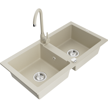 Mexen Mario lavello da cucina in granito a 2 vasche con rubinetto Telma, beige - 6504-69-670200-69