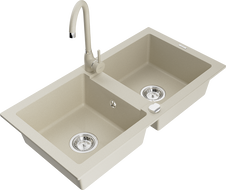Mexen Mario Granitspüle 2-Schalen mit Küchenarmatur Telma, beige - 6504-69-670200-69