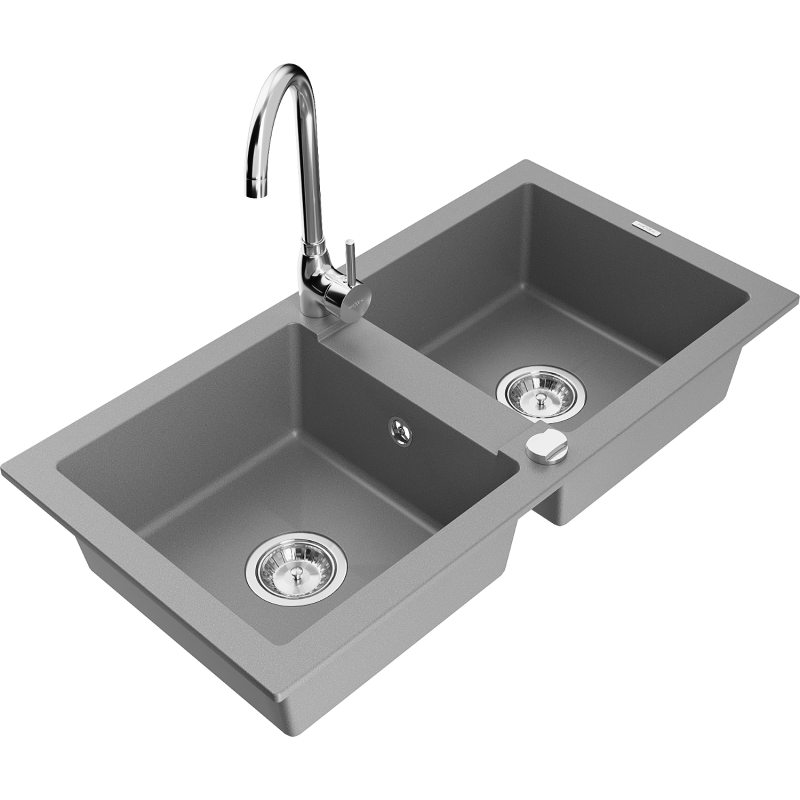 Mexen Mario fregadero de granito de 2 senos con grifo de cocina Telma, gris - 6504-71-670200-00