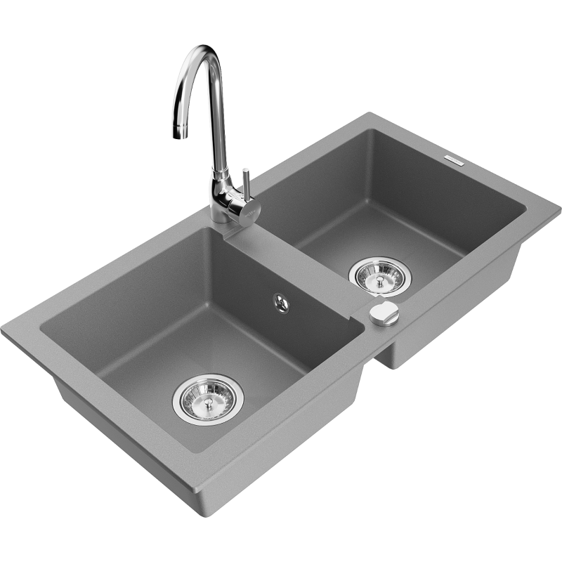 Mexen Mario lava-loiça de granito 2-cubas com torneira de cozinha Telma, cinzento - 6504-71-670200-00