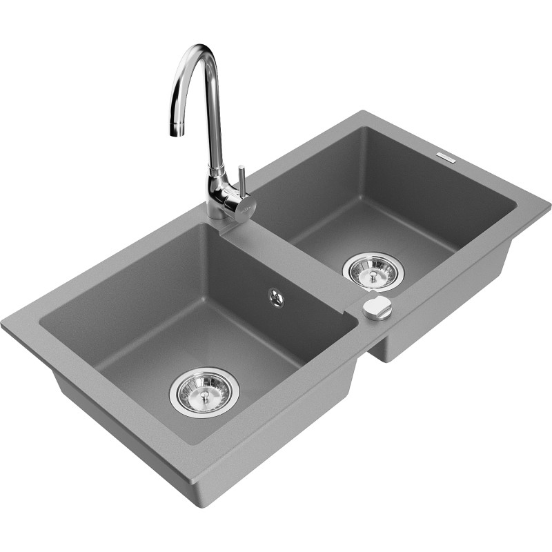 Mexen Mario Telma gray granite 2-bowl kitchen sink with faucet - 6504-71-670200-00
