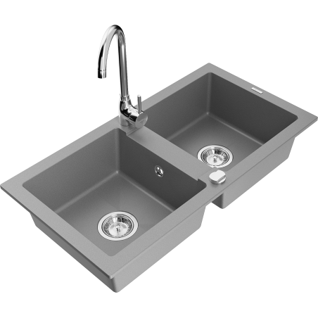 Mexen Mario 2-bowl granite sink with Telma kitchen tap, grey - 6504-71-670200-00