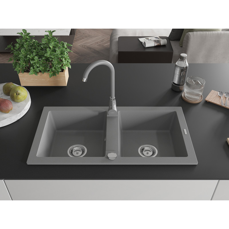 Mexen Mario fregadero de granito de 2 senos con grifo de cocina Telma, gris - 6504-71-670200-71