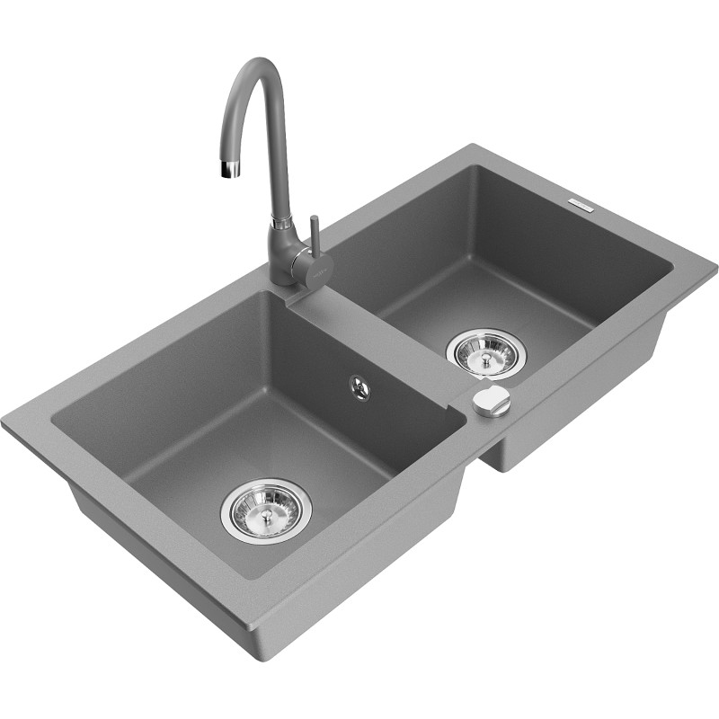 Mexen Mario granite kitchen sink 2-bowl with Telma kitchen faucet, gray - 6504-71-670200-71