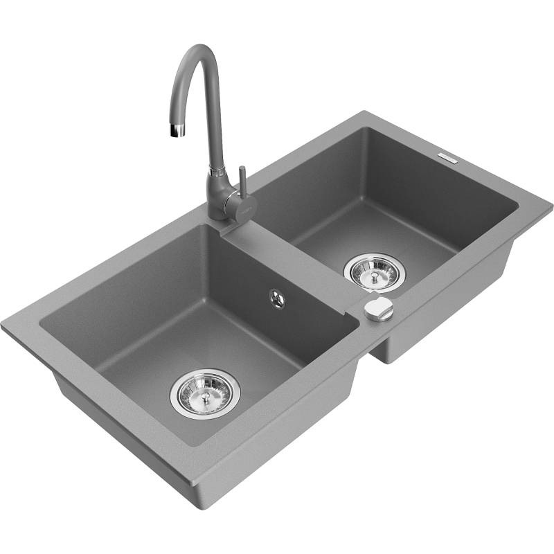 Mexen Mario lava-loiça em granito de 2 cubas com torneira de cozinha Telma, cinza - 6504-71-670200-71