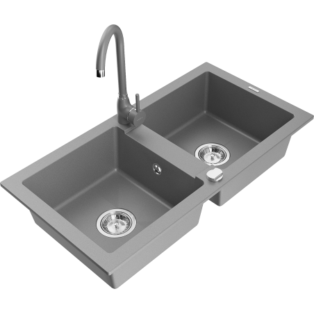 Mexen Mario fregadero de granito de 2 cubetas con grifo de cocina Telma, gris - 6504-71-670200-71