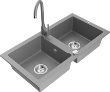 Mexen Mario granite 2-bowl sink with Telma kitchen tap, grey - 6504-71-670200-71