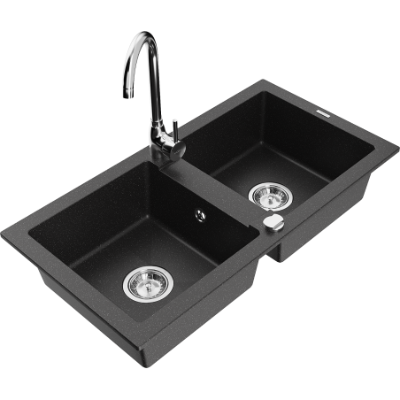 Mexen Mario granite sink with 2 bowls and Telma kitchen tap, black/silver - 6504-73-670200-00